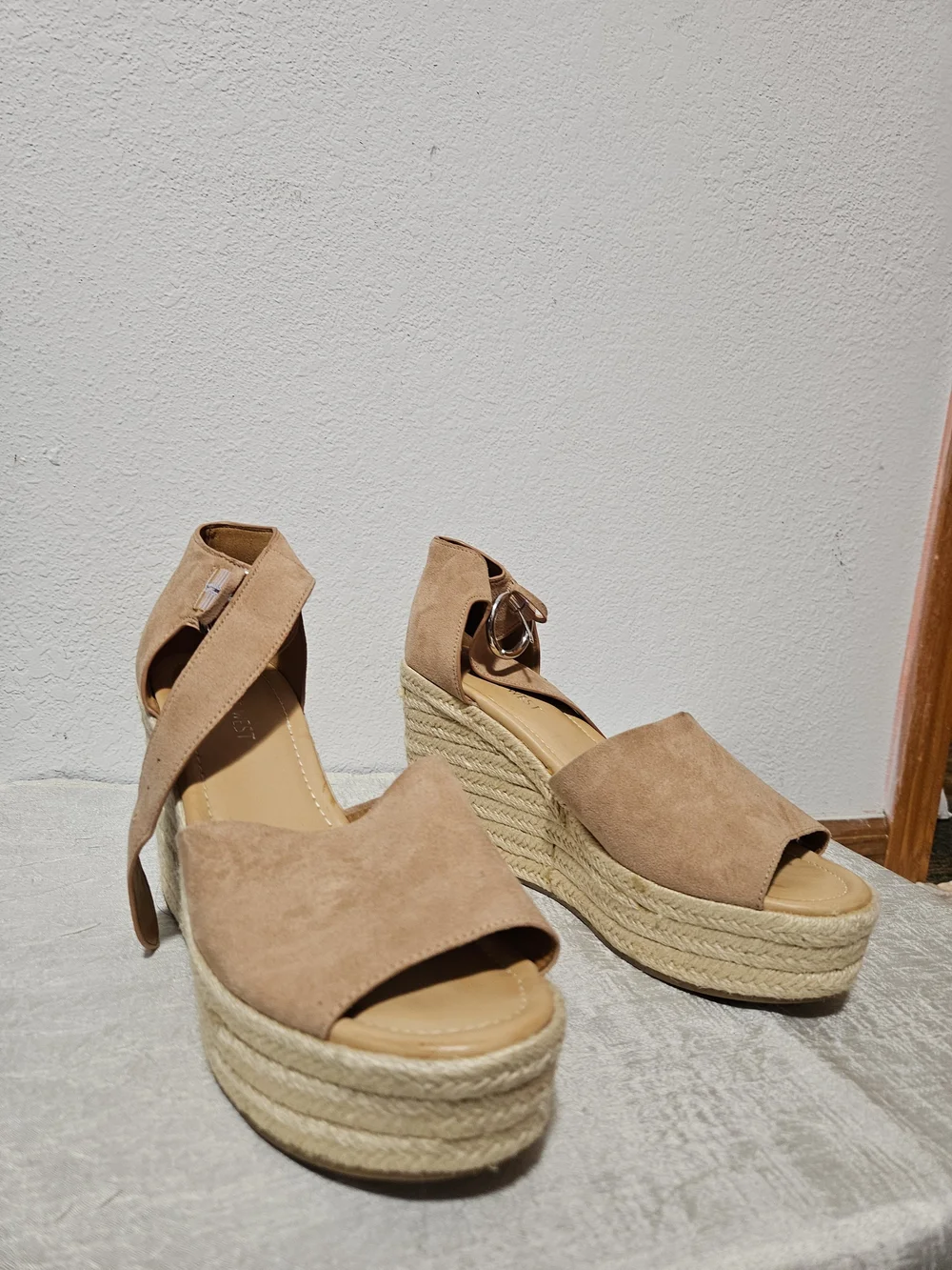 Nine West Tan Suede Espadrille Wedge Sandals with Ankle Wrap